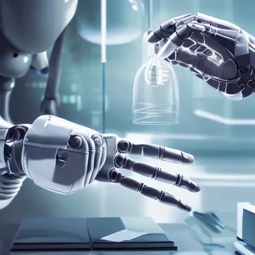 A human hand guides a robotic arm in a clean lab, symbolizing the balance between human ethics and machine precision. Floating data visualizations and ethical guidelines highlight the strategic partnership essential for future-proofing an IT career.