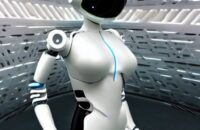 A human operator in safety gear collaborates with a matte black robotic arm assembling components. Soft industrial lighting highlights their precise interaction, showcasing how AI automation complements human intelligence to boost productivity and…