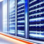 A hyper-realistic close-up of a server rack with glowing blue and amber lights in a data center, featuring digital glitch effects and dust motes to symbolize system instability and underlying hardware issues.