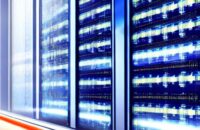 A hyper-realistic close-up of a server rack with glowing blue and amber lights in a data center, featuring digital glitch effects and dust motes to symbolize system instability and underlying hardware issues.