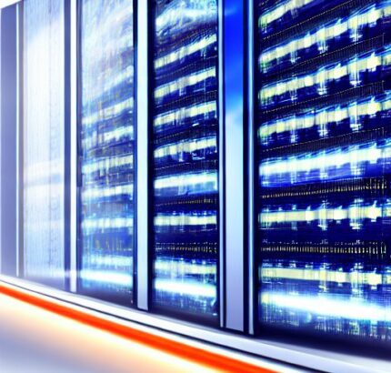 A hyper-realistic close-up of a server rack with glowing blue and amber lights in a data center, featuring digital glitch effects and dust motes to symbolize system instability and underlying hardware issues.