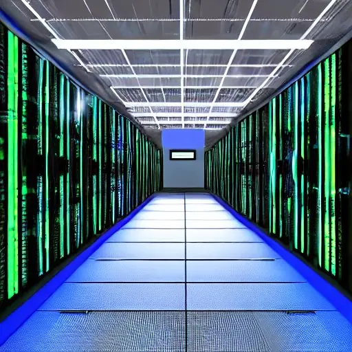 A hyper-realistic data center server rack bathed in cool blue light, featuring thousands of glowing NVIDIA Blackwell GPUs and intricate fiber optic cables, symbolizing enterprise AI infrastructure.
