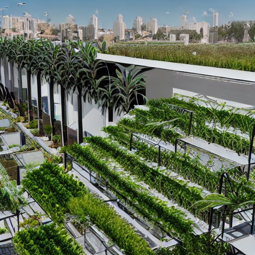 A lush green rooftop garden on a Rabat tech building blends solar panels with vertical farming. Drones monitor crops against a clear blue sky, showcasing Morocco's sustainable green technology and environmental stewardship.