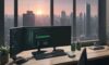 A modern developer workspace with dual monitors showing optimized code dashboards, surrounded by coffee cups and mechanical keyboards under warm lighting, overlooking a dusk city skyline.