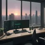 A modern developer workspace with dual monitors showing optimized code dashboards, surrounded by coffee cups and mechanical keyboards under warm lighting, overlooking a dusk city skyline.