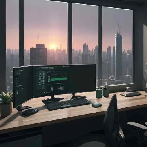 A modern developer workspace with dual monitors showing optimized code dashboards, surrounded by coffee cups and mechanical keyboards under warm lighting, overlooking a dusk city skyline.
