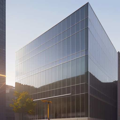A modern glass office building bathed in golden hour light, with employees carrying laptops entering. The scene illustrates a successful tech company's infrastructure where innovation responsibly benefits society through robust support systems.