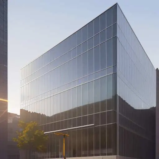 A modern glass office building bathed in golden hour light, with employees carrying laptops entering. The scene illustrates a successful tech company's infrastructure where innovation responsibly benefits society through robust support systems.