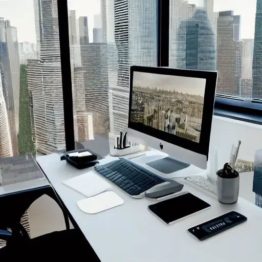 A modern home office with a laptop, tablet, and mechanical keyboard on a clean desk. Natural light highlights a city skyline view, symbolizing flexible remote work and the need for clear boundaries to prevent burnout.
