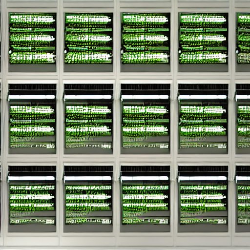 A modern server room with soft green lighting, where decentralized hardware units connect via organic copper wiring alongside lush plants.