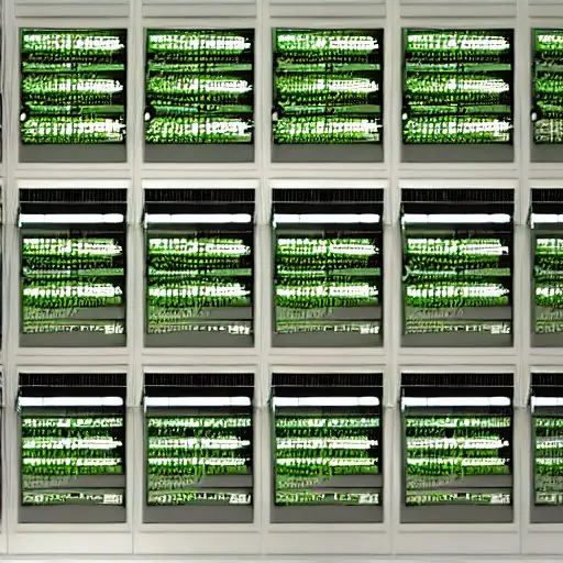 A modern server room with soft green lighting, where decentralized hardware units connect via organic copper wiring alongside lush plants.