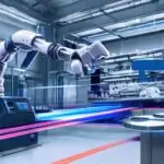 A photorealistic wide shot of a modern European manufacturing facility at dusk, featuring sleek robotic arms and holographic data overlays that highlight advanced industrial efficiency and sustainability.