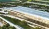 A photorealistic wide shot of a modern technology campus under construction in rural West Virginia, featuring sleek glass buildings surrounded by green fields with cinematic golden hour lighting.