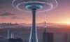 A photorealistic wide shot of a telecommunications tower transforming into a digital banking hub, featuring glowing fiber optic cables connecting to floating holographic currency symbols and secure data locks against a vibrant sunset over a modern…