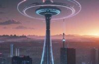 A photorealistic wide shot of a telecommunications tower transforming into a digital banking hub, featuring glowing fiber optic cables connecting to floating holographic currency symbols and secure data locks against a vibrant sunset over a modern…
