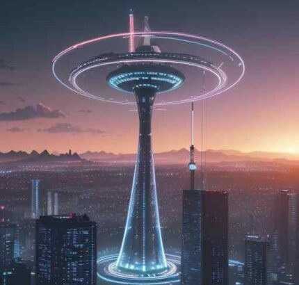 A photorealistic wide shot of a telecommunications tower transforming into a digital banking hub, featuring glowing fiber optic cables connecting to floating holographic currency symbols and secure data locks against a vibrant sunset over a modern…