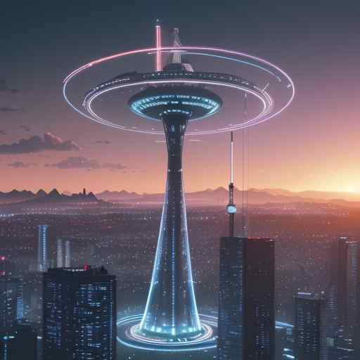 A photorealistic wide shot of a telecommunications tower transforming into a digital banking hub, featuring glowing fiber optic cables connecting to floating holographic currency symbols and secure data locks against a vibrant sunset over a modern…