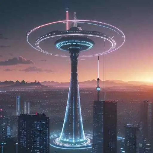 A photorealistic wide shot of a telecommunications tower transforming into a digital banking hub, featuring glowing fiber optic cables connecting to floating holographic currency symbols and secure data locks against a vibrant sunset over a modern…