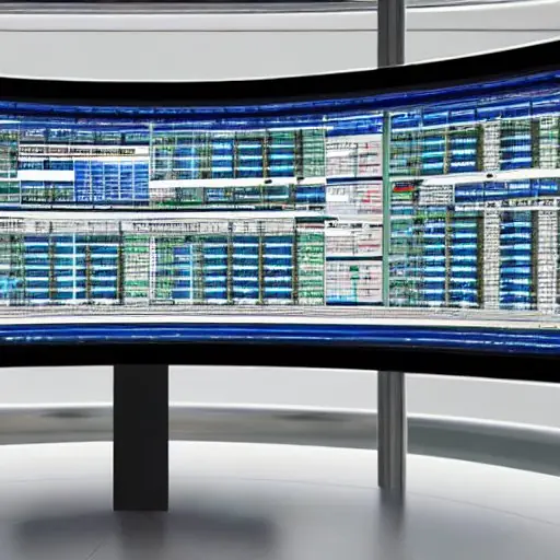 A professional analyst monitors a high-tech curved screen displaying real-time factory analytics and predictive maintenance data in a cool, blue-lit European industrial control room.