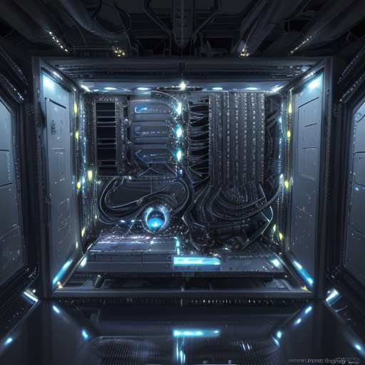 A ruggedized server rack module floats inside a pressurized satellite bay, featuring liquid-cooled high-performance GPUs with glowing status LEDs indicating active AI inference tasks.