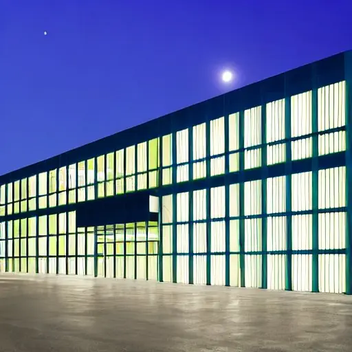 A sleek, modern datacenter at night features glass facades reflecting moonlight and interior server rows glowing with blue and green lights, illustrating scalable infrastructure for advanced AI management.