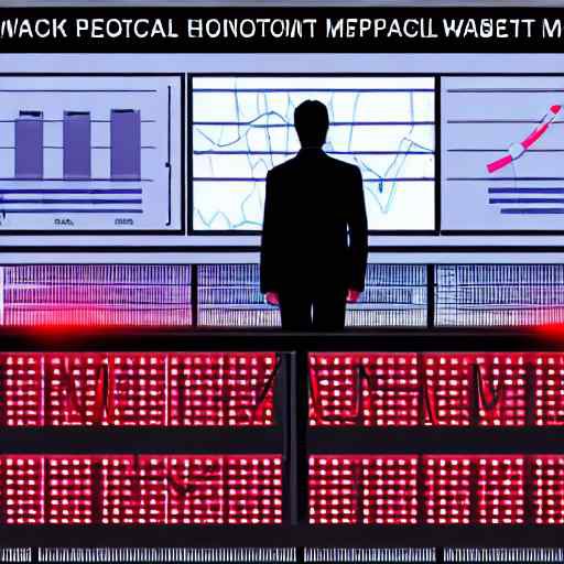 A worried financial analyst reviews a digital dashboard showing declining stock trends and rising costs in a dimly lit room with red warning lights, surrounded by reports and coffee cups, illustrating economic pressure and the need for workforce r…