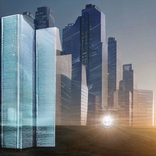 An autonomous cybersecurity guardian made of light and glass projects a protective dome over a server farm, shielding it from digital chaos with a glowing green firewall wall.