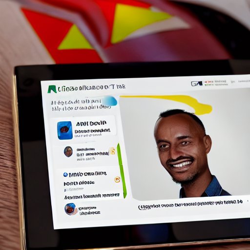 An Ethiopian user interacts with the M-PESA Ethiopia app on a tablet, engaging with an AI chatbot that offers financial advice. The user’s face shows curiosity and confidence, set against a modern Ethiopian office with soft ambient lighting and a …