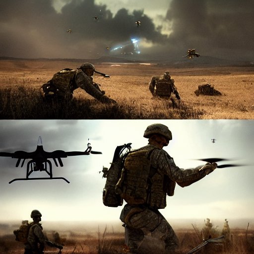 Cinematic photorealistic battlefield scene showing autonomous AI drones flying over a war‑torn landscape, a command center with holographic maps, soldiers in tactical gear, dramatic sky, sharp drone details, cinematic lighting highlighting tension…
