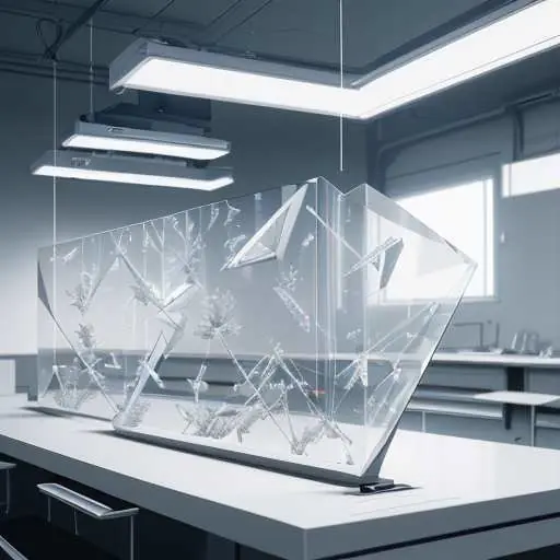 Conceptual rendering of translucent crystal memory technology emerging from a lab, contrasting with traditional silicon chips to illustrate next-generation storage solutions for enterprise IT infrastructure planning.