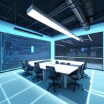 Diverse engineers collaborate around a holographic display in a blue-lit innovation hub, illustrating that teamwork drives progress rather than isolation.