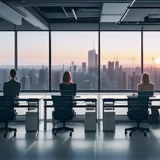 Diverse enterprise professionals collaborate securely on laptops in a modern office at dusk, displaying AI interfaces that emphasize ethical data governance and privacy within a secure ecosystem.