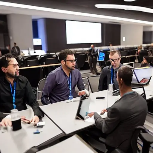 Diverse IT professionals collaborate around a modern table, using tablets and AI tools to solve complex infrastructure challenges in a well-lit, innovative workspace.