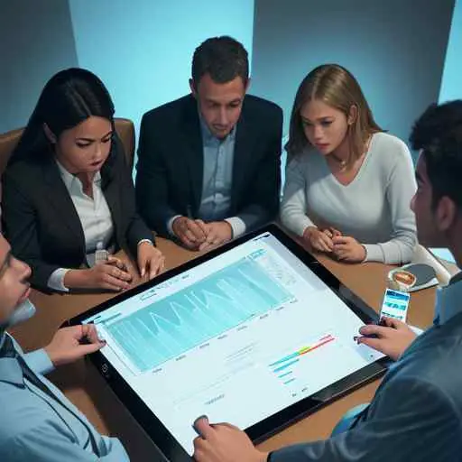 Diverse professionals collaborate around a modern conference table, reviewing financial charts on tablets with engaged expressions under soft cinematic lighting.