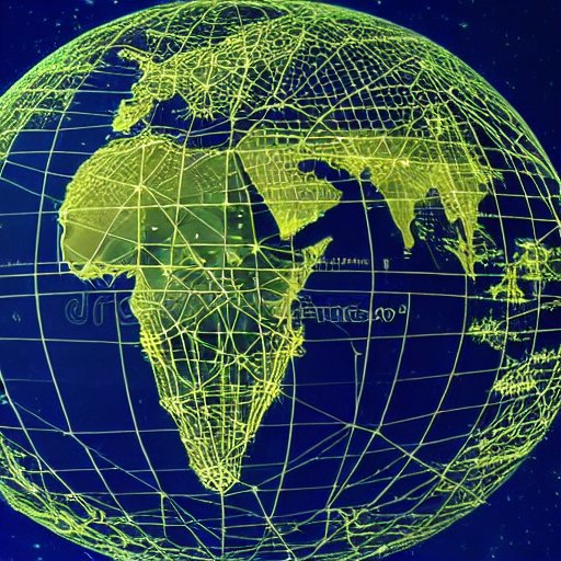 Dynamic global network visualization: a 3‑D globe with glowing interconnected lines radiating across continents, pulsing nodes indicating active AI agents, overlaid translucent world map showing real‑time traffic flow with animated arrows, set aga…