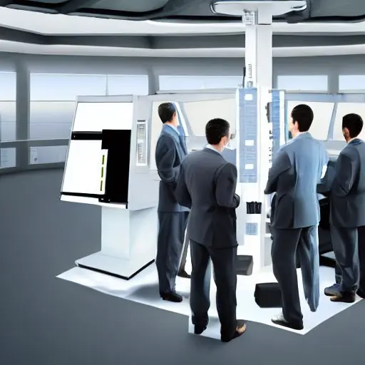 Engineers in clean suits inspect a sleek, black 6G base station prototype featuring solar panels and holographic latency metrics in a dramatic, high-tech laboratory setting.
