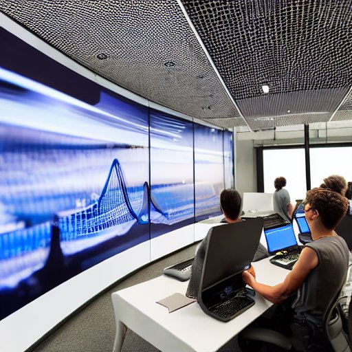 Enterprise teams collaborate around a holographic display showing AI analytics dashboards in a modern office. Soft natural light highlights real-time data visualizations, illustrating how distributed AI platforms empower business decision-making a…