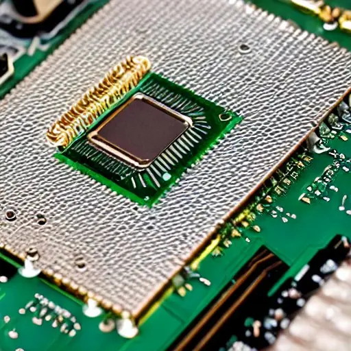 Extreme close-up of an NVIDIA Blackwell GPU chip on a motherboard, showcasing intricate circuitry and golden connectors against a blurred server rack background.