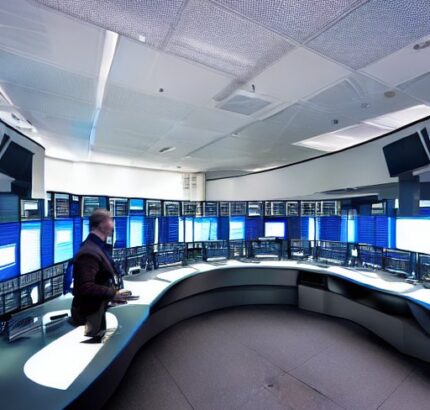 Futuristic security command center with analysts monitoring large curved screens displaying real-time certificate trust metrics and automated renewal dashboards under soft blue lighting, highlighting human oversight in PKI management.