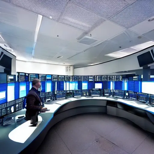 Futuristic security command center with analysts monitoring large curved screens displaying real-time certificate trust metrics and automated renewal dashboards under soft blue lighting, highlighting human oversight in PKI management.