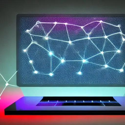 Glowing blue and purple neural network dots float around an open laptop in a dark, ethereal space, symbolizing seamless on-device AI processing that ensures privacy and enhances productivity.