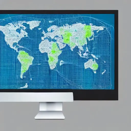 High‑resolution 3‑D control center interface showing a translucent world map with glowing blue and green data nodes, an AI avatar holding a holographic tablet, floating panels with analytics, set against a deep‑space gradient.