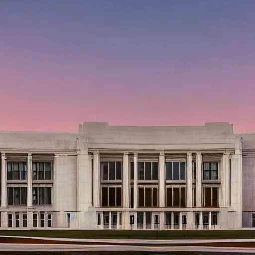 High‑resolution photorealistic view of the Pentagon’s white marble façade bathed in a dramatic sunset, with faint holographic AI circuitry patterns glowing across the building, illustrating the convergence of defense and technology under cinematic…