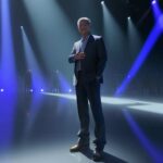 Jensen Huang on stage at Nvidia GTC 2026 gestures toward a holographic neural network display, illuminated by dramatic blue and orange lights before a vast audience.