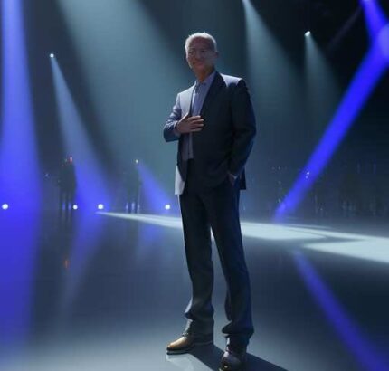 Jensen Huang on stage at Nvidia GTC 2026 gestures toward a holographic neural network display, illuminated by dramatic blue and orange lights before a vast audience.