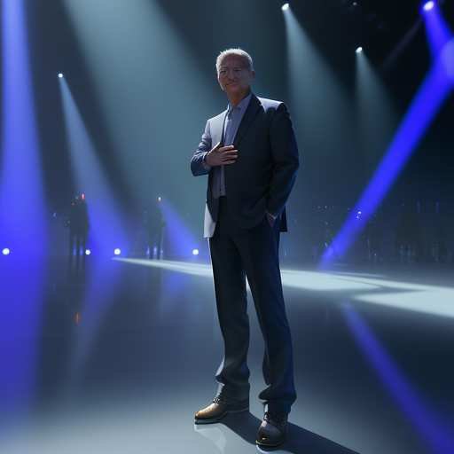 Jensen Huang on stage at Nvidia GTC 2026 gestures toward a holographic neural network display, illuminated by dramatic blue and orange lights before a vast audience.