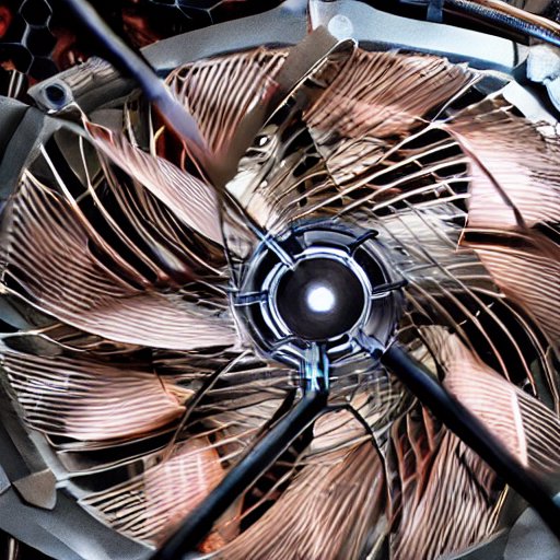 Macro shot of a high-end graphics card cooling system with visible copper heat pipes and spinning fan blades, highlighting engineering precision in a dark studio setting.