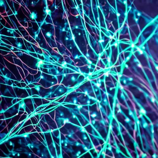 Macro view of a glowing, interconnected network of neurons in a petri dish, symbolizing bio-computing technology that could create robust, energy-efficient AI systems for harsh environments.