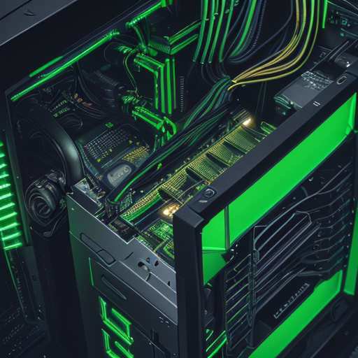 Macro view of an HPE ProLiant server chassis with glowing green TrendAI security graphics, highlighting gold connectors and cooling fans to demonstrate enhanced enterprise deployment speed and scalability for critical AI model phases.