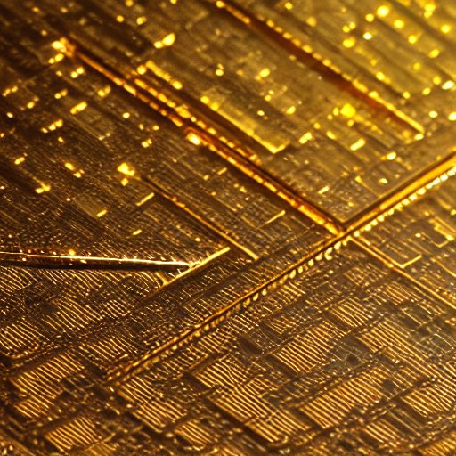 Macro view of the M5 silicon chip inside a transparent casing, showcasing intricate copper traces and gold contacts. Dramatic lighting highlights the complex architecture against a dark blue background, symbolizing speed and power for local AI tasks.